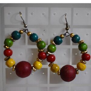 Boho Island Trendy Rasta Colors Wooden Beaded Hoop 2" Dangle Fish Hook Earrings